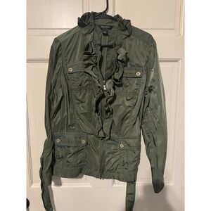 White House Black Market Green Zip Rain Coat Utility Ruffles Large